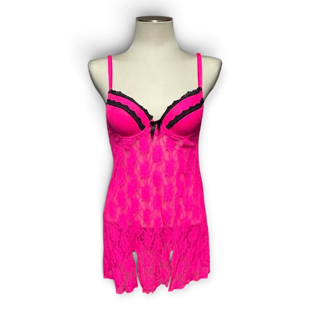 Smart & Sexy Sheer Lace Underwire Push Up Chemise Nightie Lingerie Hot Pink 34B
